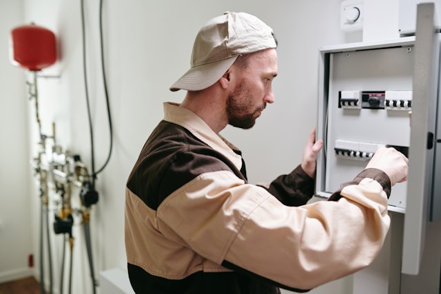 a technician testing a safety switch board