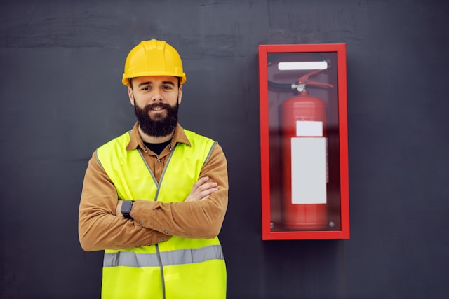 a man in a high vis standing next to a fire extinguisher